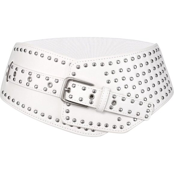Women\'s Elastic Wide Belt Vintage Studded Stretchy Waist Belt Dress Pants White